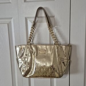 Michael Kors Signature Monogram Metalic Gold Purse Delaney Shoulder Bag Tote